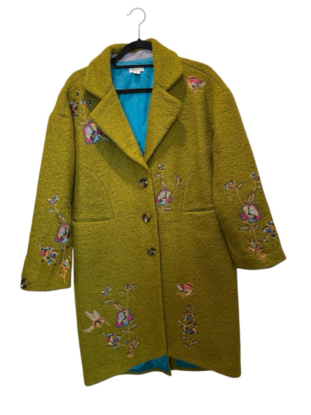 Sundance Olive Green Embroidered Wool-Blend Coat with Turquoise Lining